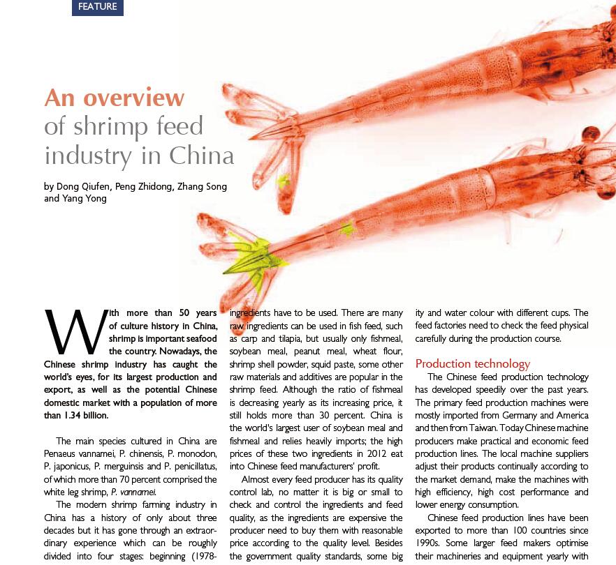 Dong Q F, Peng Z D, Zhang S, Yang Y. 2013. An overview of shrimp feed industry in China. International Aquafeed, January-February: 22-24.